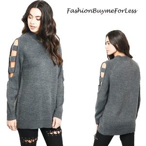 BOHO Goth Gray Cut-out Sleeve Neckline Sweater Top